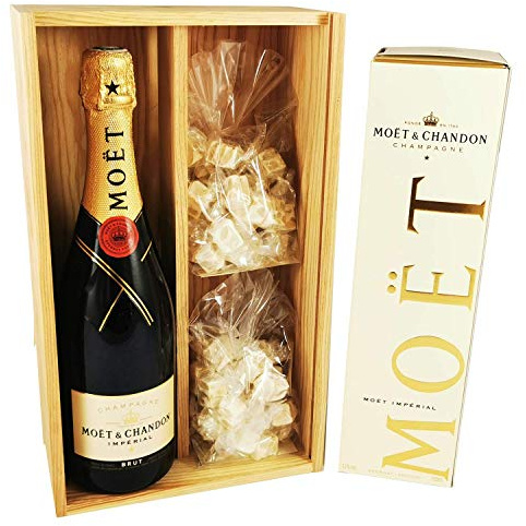 Moet & Chandon - Impérial Brut in Box & 2 * 150 Gramm White Nougadets - Jonquier Deux Frères - In Holzkiste