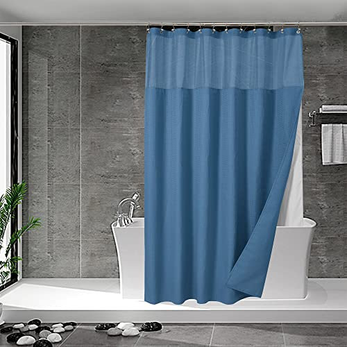 N&Y HOME Tenda da doccia a nido d'ape con fodera in tessuto a scatto e set di ganci, stile hotel, idrorepellente e lavabile, tessuto pesante e finestra superiore in rete, 180 x 183 cm, blu chiaro di