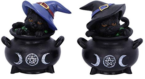 Nemesis Now Hubble and Bubble Witches Familiar Black Cat and Cauldron Figurines, 8cm