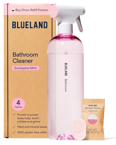 BLUELAND Bathroom Cleaning Spray Bottle with 4 Refill Tablets | Eco Friendly Products & Cleaning Supplies - Eucalyptus Mint Scent | Makes 4 x 24 Fl oz bottles (96 Fl oz total)