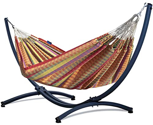 Potenza Outdoor Hängematte mit Gestell für 2 Personen I Morena - 100% Baumwolle Doppelhängematte 230x160 cm, 220kg I Hängemattengestell 220kg, wetterfest (Opal, Basic Gestell Graphit)