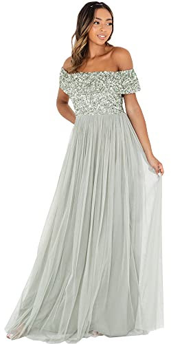Maya Deluxe Damen Ladies Bardot Dress Women Maxi Embellished Hight Empire Waist Sleeveless Tulle for Wedding Guest Prom Graduation Brautjungfernkleid, Green Lily, 48