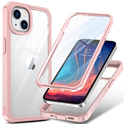 ANTSHARE iPhone 14 Case - Shockproof Protective Cover with Built-in Tempered Glass Screen Protector, 360 Full Body Clear Back Case for iPhone 14 & 13 - Pink