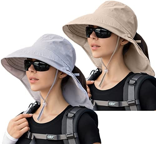 29 IYEBRAO 2 Stück Sonnenhut Damen mit Nackenschutz-UV Schutz Breite Krempe Pferdeschwanz Sommerhut -UPF 50 Einstellbare Strand Fischerhut Anglerhut Garten Outdoor Hut (2 Stück-Hellgrau & Beige)