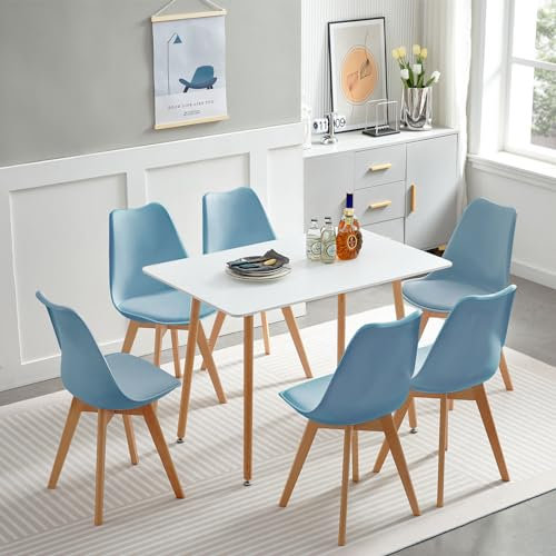 FURNITABLE Mesa de comedor con 6 sillas de comedor, mesa de cocina de diseño escandinavo con sillas tapizadas, adecuada para comedor, cocina, salón, mesa de comedor blanca y sillas de color azul claro