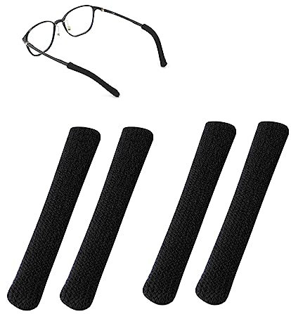 PEUTIER 4pcs Eyeglass Ear Cushions, Soft Knitted Cotton Anti Slip Temple Pads Eyeglass Temple Tips Eyeglass Pads Behind The Ear Eyewear Retainer Glasses Arm Sleeve for Sunglasses Glasses (Black)