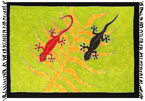 SAIVONA Pareo Sarong Strandtuch Damen-Wickelrock Strand-Handtuch Wickeltuch oder Handtuchkleid und Wickelkleid Damen-Handarbeit aus Fair Trade Herstellung Batik Salamander Echsen Bunt