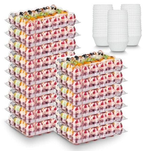 Hlukana (24 Pack x 15 Sets) Mini Cupcake Containers with 375 Pack Cupcakes Liners, Plastic Cupcake Holder, Stackable Mini Cupcake Boxes Carrier, Clear Disposable Cupcake Trays, High Dome - MINI SIZE