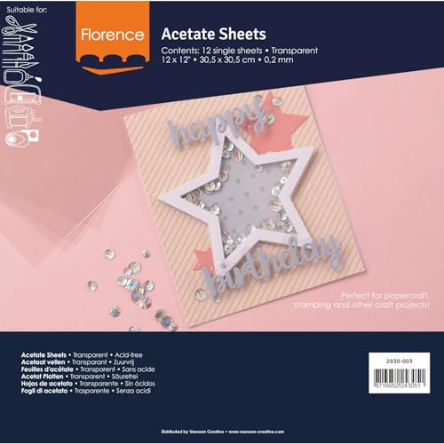 Vaessen Creative Florence Acetat Platten - Quadratisch Kraftpapier - 30,5 x 30,5 cm - Transparent - 10 Stück - für Scrapbook, Karten und Basteln - Hitzebeständig