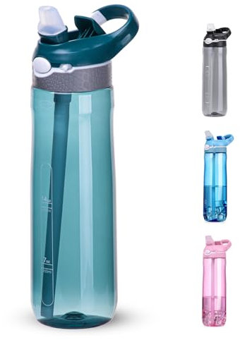 DEARART 24oz Water Bottles With Straw, Leakproof BPA FREE Hidden Nozzle, Flip Up Lid Has Handle Wide Bottle Easy Clear, Suit Office Sports Travel Gym Yoga, Dark Cyan