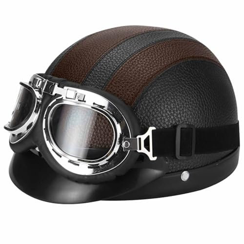 Xellom Motorrad-Halbhelm Retro Leder Jethelm Halbschalenhelm ECE-Zugelassener Unisex Roller-Helm Moped-Helm Sturzhelm mit Schutzbrille für Alle Jahreszeiten 5,54-62cm
