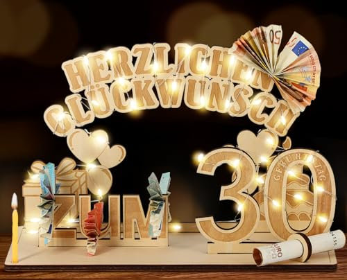 Giftota Original 30. Geburtstag Geldgeschenke Holz mit LED Lichterkette, Geschenke zum 30 Geburtstag Mann Frau, 30. Geburtstagsgeschenk Dekoration