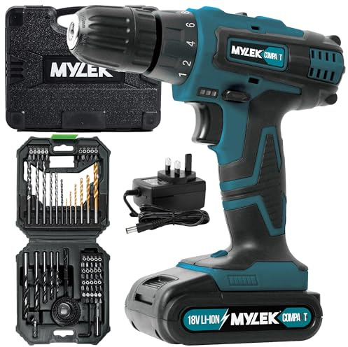 MYLEK Cordless Drill 18V, 1300 mAh Li-Ion Driver 28Nm, 1 Hour Quick Charge, 2 Speed, LED Work Light, Carry Case with Accessory Kit, Variable Speed with MYLEK 4ORCE Accessory Kit (56 Piece)