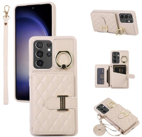 ELISORLI Phone Case For Samsung Galaxy S24 Ultra 5G Wallet Cover with Crossbody Shoulder Strap and Stand Leather Credit Card Holder Cell Accessories S24Ultra 24S S 24 24Ultra Girls Women Men Beige