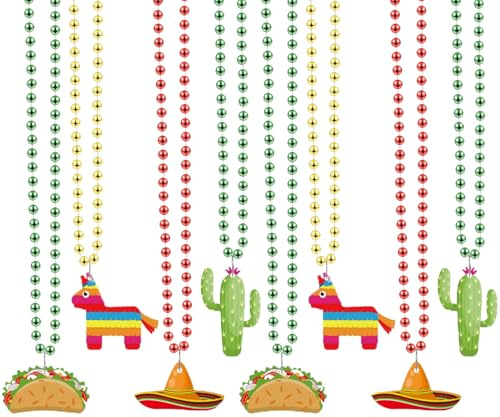 12PCS Cinco de Mayo Fiesta Beaded Necklace,Colorful Mexican Fiesta Party Decoration Long Necklace Cactus Taco Rainbow Alpaca Sombrero Accessories for Mexican Fiesta Carnival Taco Tuesday Party Decor