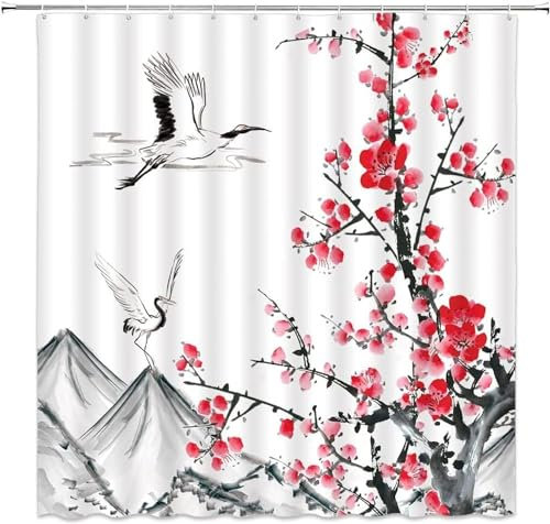 igyhuij 3D Rideau Douche Sakura Japonais - Polyester Tissu Rideau de Bain Sakura Japonais - Anti Moisissure Imperméable Rideaux de Douche 180x180 cm 12 Crochets J9384