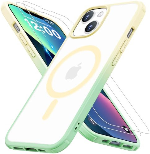 Iokmax Magnetic for iPhone 13 Case/iPhone 14 Case [MagSafe Compatible] with 2X Screen Protector Military-Grade Slim Shockproof Translucent Phone Case Translucent Matte Cover-6.1 Inch, Gold Green