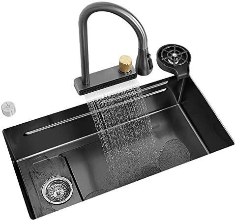 Évier de Cuisine à Cascade en Acier Inoxydable, kit d'évier de Poste de Travail de Ferme avec lavabo dans Le Bassin et Console rotative (Couleur : Noir, Taille : 68 x 40 cm)