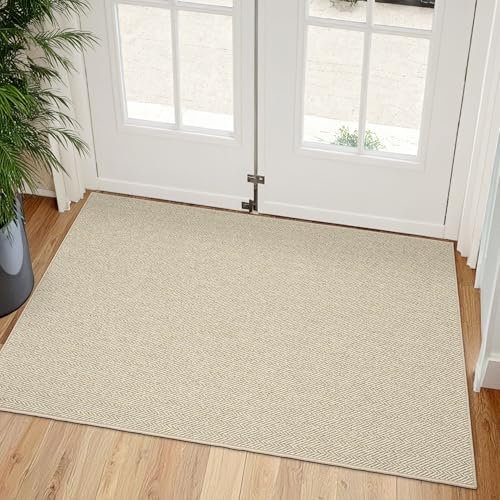 LUMI Ultra Thin Indoor Door Mat for Entrance 32x48, Non Slip Entryway Mat, Low Profile Doormat, Unique Herringbone Design Carpet for Inside, Patio, Porch, Beige