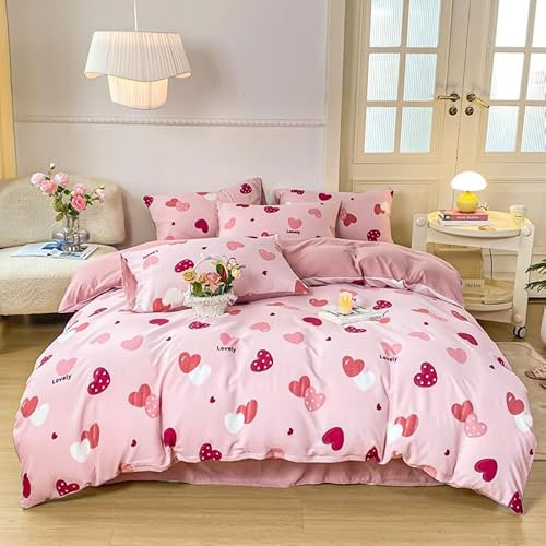 Freyamy Housse de Couette 140x200 Coeur Rose et Une Taie d'oreiller 65x65 | Parure de lit Adulte Enfants avec Fermeture Éclair Sets de Housse Couette Filles Thème Romantique en Microfibre