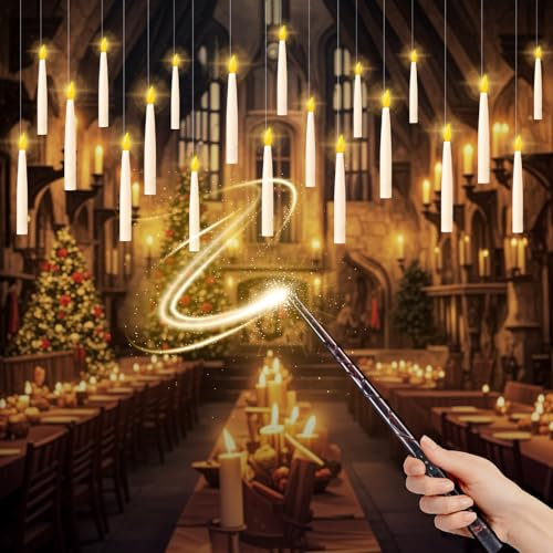 20PCS Floating Candles with Magic Wand Remote, Flickering Electirc Hanging LED Taper Candles, Battery Operated Hanging Window Candles for Halloween Christmas Party Decorations