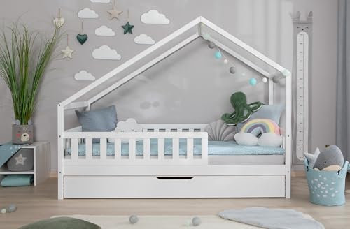 TiCAA Hausbett Bodenbett wandelbar mit asymmetrischem Lou 90/100/120/140x200 cm für Jungen & Mädchen, inkl. Rolllattenrost, Zusatzbett & Rausfallschutz, Montessori Bett aus Kiefer Massivholz