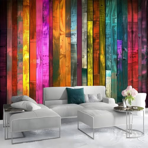 Tapete 3D Effekt Abstrakte bunte Holzbretter Fototapete Wohnzimmer 350 x 256 cm Vlies Tapeten Wandtapete Moderne Wand Dekoration Wohnzimmer Schlafzimmer Büro Flur Rot