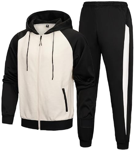AOTORR Mens Tracksuit Set Full Zip Hooded Jacket Jogging Tops Bottoms Sweatshirt Suit with Pockets BS026 Black White M