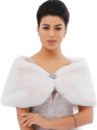 Evlry Frauen Braut Hochzeit Kunstpelz Schal Wrap Braut Pelz Schal Stola Fur Wraps und Tücher für Damen (Weiß, M)