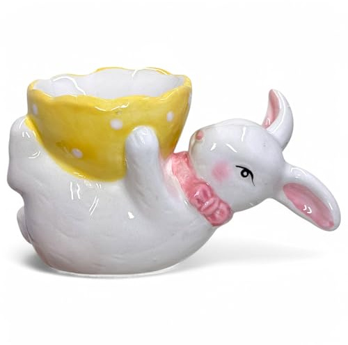 MIJOMA Eierbecher Hase – Handbemalt & Lasiert, Osterdeko aus Porzellan, 12x6x7 cm, Süßes Ostern-Accessoire für Frühstückstisch & Frühling (Gelb)