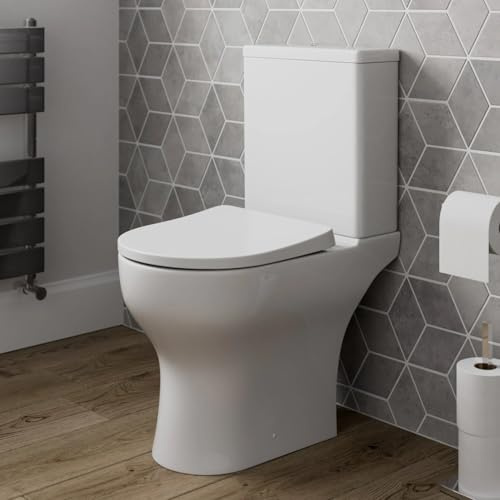 Affine® Modern Bathroom Cloakroom Close Coupled Rimless Toilet WC Short Projection Space Saving Soft Close Seat Dual Flush Cistern D Shape Pan, White