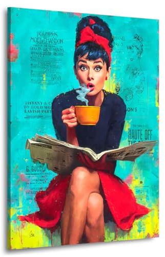 Kunstgestalten24 | Audrey Hepburn Wandbild im Pop Art Stil – farbenfroher Leinwanddruck mit Zeitung & Kaffee – mit Echtholz-Keilrahmen – Vintage Glamour Deko | 60x80x4cm