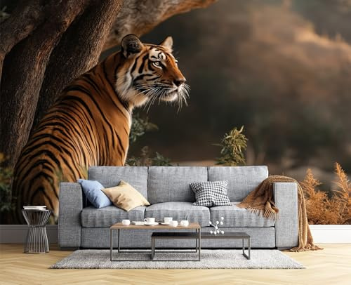 JSCWDET Wild Animals Wallpaper Mural, 3D Fierce Tigers Photo Wallpaper,200 × 140 Cm Silk Cloth Wall Art Roll Wallpapers for Wall Covering,Brown