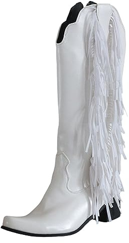 LCpddajlspig Stivali Texani Donna ​​con Franges Camperos ​​con A Blocco Stivaletti Cowboy Vintage Stivaletto in Pelle​​ Tinta Unita Boots ​​A Punta​​ Bianco 42