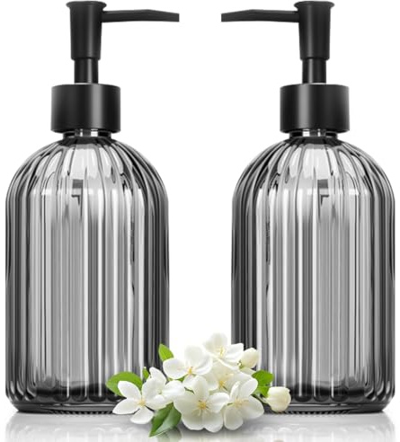 Seifenspender Glas 2 Stück 400ml, Schwarzer Flüssigseifenspender für Bad & Küche, Wiederverwendbarer Spender für Seife, Spülmittel & Lotion