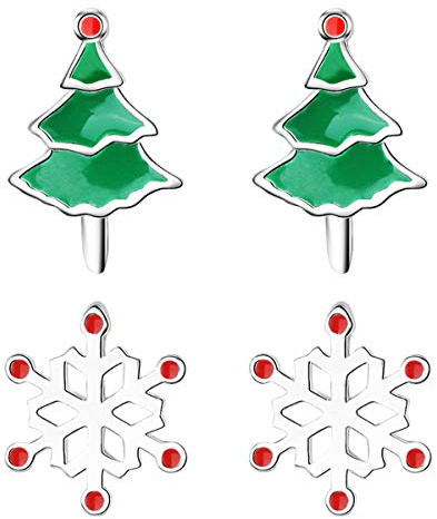 LÖB 925 Silber versilbert Ohrringe Ohrstecker Weihnachtsbaum Schneeflocke Damen Stecker Weiß Grün Rot Weihnachtsohrringe Tannenbaum Weihnachtsmotiv