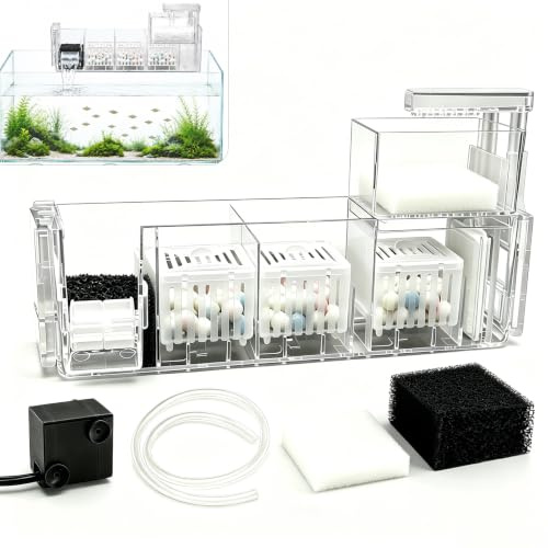 Aquarium Filter,Außenfilter mit 5 Filterung,leiser Pumpe,5W,Hang on Filter | Rucksackfilter Aquarium Wasserfall-Design–mit Filtermaterial& Schwamm,einstellbar für Nano Aquarium, Aquarium klein 60l-200l