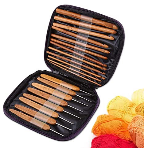 Häkelnadeln Holz,20-teiliges Häkelnadel-Set, Bambus-Häkelnadeln, Stricknadeln, Strickwerkzeuge mit Tasche