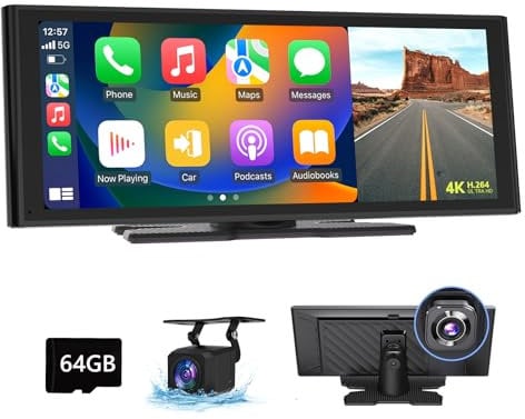 Eonon 10,26 Zoll IPS, einstellbares kabelloses Carplay, Android Auto, Autoradio, einstellbarer Bildschirm, 4K-Frontkamera, 1080P, Rückfahrkamera, Loop-Aufnahme, AUX-Ausgang, Bluetooth, 64G SD-Karte P4