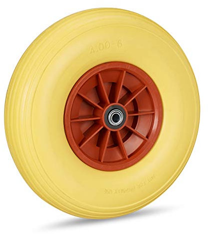 Lot de 1 roues de brouette caoutchouc 4.00-6, de rechange axe, increvable, essieu, 3 adaptateurs, 100 kg, jaune/rouge
