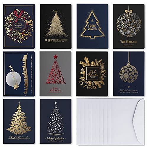 Art Nuvo - EXKLUSIVE WEIHNACHTSKARTEN SATZ VON 10 KARTEN, 120x170mm, VERGOLDETE UND GEPRÄGTE WEIHNACHTSMOTIVE HERGESTELLT AUS METALLISCHEM MIT EINLAGEN UND UMSCHLÄGEN