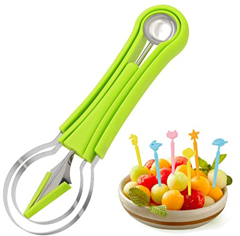 Ensemble Professionnel de Cuillères à Melon avec Fourchettes à Fruits, Cuillère à Melon en Inox 4 en 1, Outil à DéCouper Les Fruits éplucheur à Cantaloupe pour Couper les Pastèques Fruits et Légumes