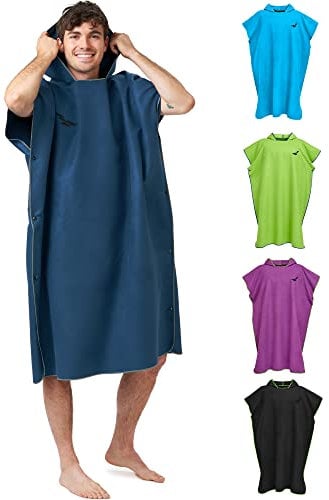 Fit-Flip Strandponcho für Surfer - Poncho Handtuch schnelltrocknend aus Mikrofaser - Umkleidehilfe Strand - Surfponchos Ultraleicht - Badeponcho für Erwachsene (Größe M, Marineblau/Grau)