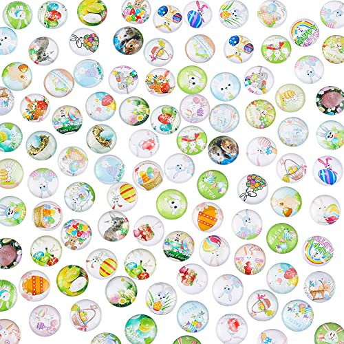 PandaHall 100 Stück Osterhaseneier Glas Cabochons 50 Stile 12mm Halbrunde Kuppel Cabochons Mosaikfliese Für Foto Cameo Anhänger Schmuckherstellung Kunsthandwerk Scrapbooking