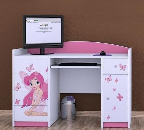 Happy Babies Schreibtisch mit Schubladen Bürotisch für Kinderzimmer Computertisch mit Tastaturablage Kinderschreibtisch mit Stauraum 125x89x60 Muster Schmetterlinge und Fee