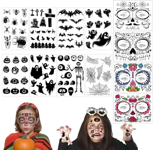 Halloween Tattoo Aufkleber Temporäre, 12 Blätter Kinder Tattoos, Wasserdicht Terror Sticker, Gesicht Aufkleber für Cosplay