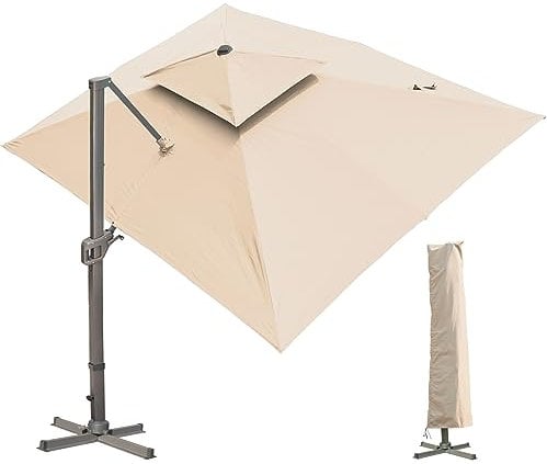 LKINBO Sonnenschirm 300 x 400 cm Rechteckig mit Ständer und Kurbel, Groß Ampelschirm Terrassenschirm 360°Drehbar Parasol Windfest Gartenschirm Wasserdicht Marktschirm für Garten Deck Outdoor, Khaki
