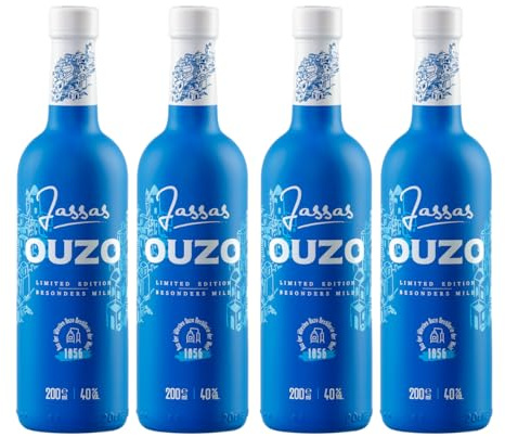 Jassas Ouzo 40% 4x 0,2l Premium Flasche | Besonders mild | Limited Edition | Älteste Ouzo Destillerie der Welt | +20ml Jassas Olivenöl