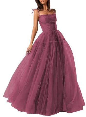 Damen Spaghettiträger Tüllkleider Lange A Linie Formelle Abendkleider Rückenfreie Brautjungfernkleider Desert Rose XL