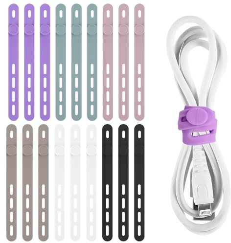 18 Sujeta Cables Elásticas, Bridas de Silicona Réutilisables, 6 Colores, Bridas Cables Ajustables para Organización y Gestión de Cables